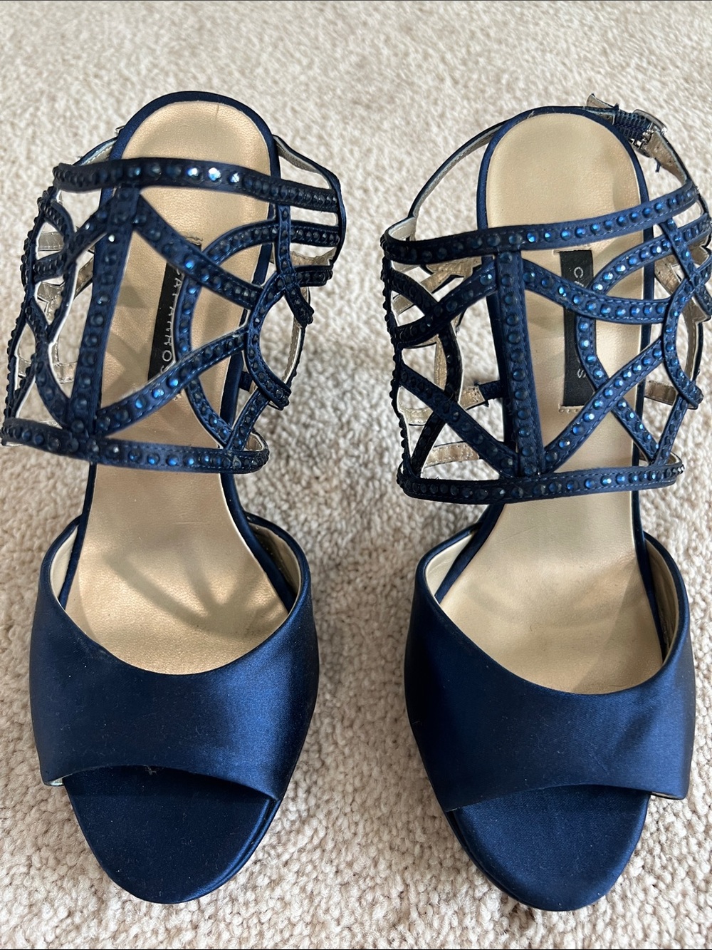 Caparros Navy Blue Satin Heeled Sandals with Crystal Cage Straps